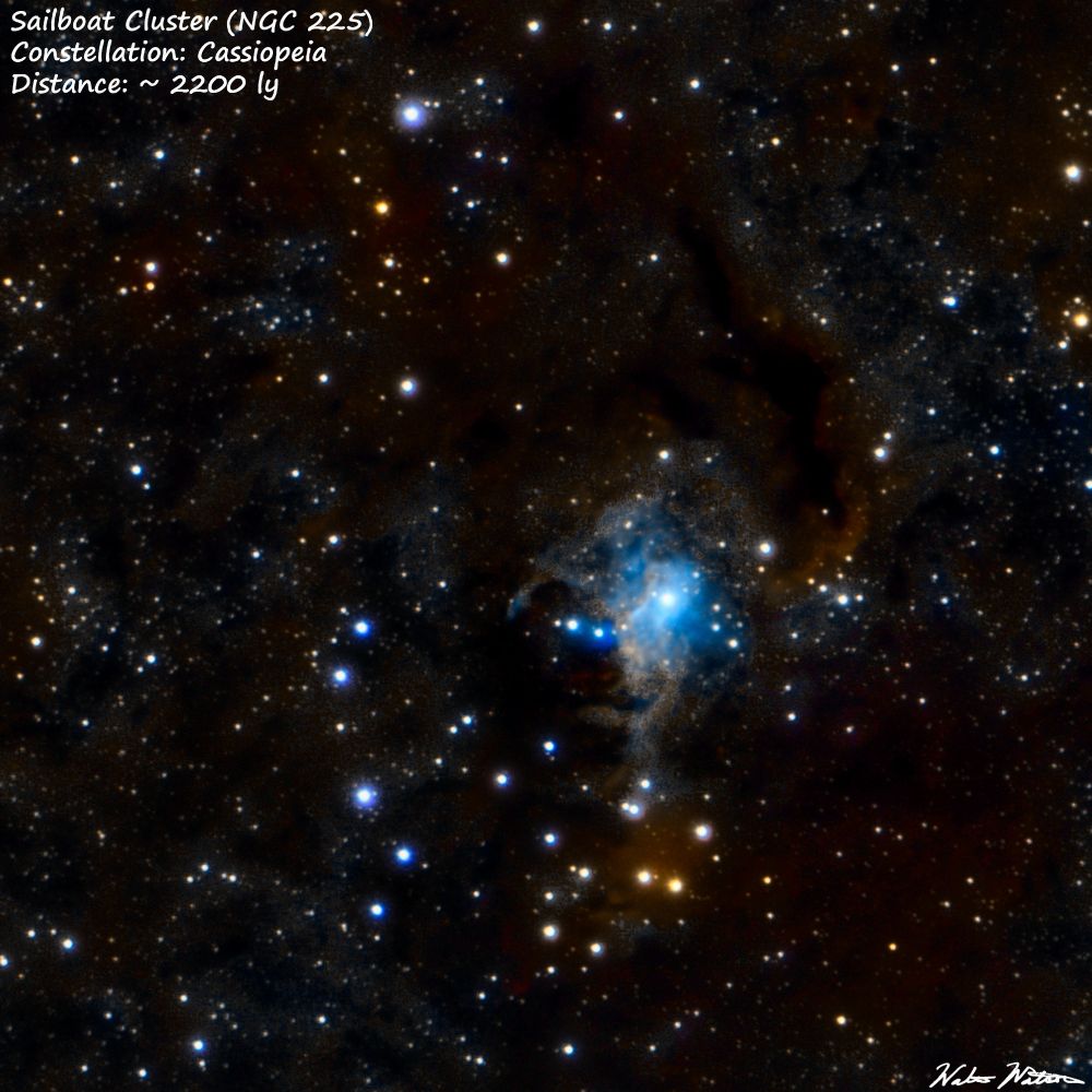 The Sailboat Cluster (NGC 225) is an open star cluster in Cassiopeia. Other objects of note in the photo are reflection nebula VdB 4 and dark nebula LDN 1302.

Equipment:
Telescope: SVBony SV503 80ed
Camera: ZWO ASI533 mc pro
Mount: ZWO AM5
Controller: Mini PC running NINA and Phd2
Filter: UV/IR cut

Settings and conditions:
Skies: Bortle 3
Total Exposure: 3 hours
Camera frame time: 3 min
Camera CCD temp: -12 C
Processed in SIRIL, Graxpert, and Photoshop