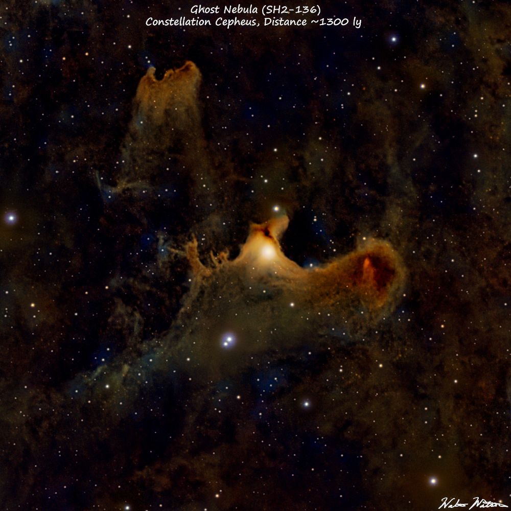 The Ghost Nebula (SH2-136) is a reflection nebula in Cepheus. I counted up to 7 ghosts in this object, some of them even waving. It appears yellow-brown due to the nature of the dust scattering the light. Total exposure time was 8 hours over two nights.

Set up:
Telescope: SVBony SV503 102ed
Camera: ASI533mc pro
Mount: ZWO AM5 mount
Filter: UV/IR cut
Controller: Mini PC running NINA, PHd2 acquisition and guiding software.