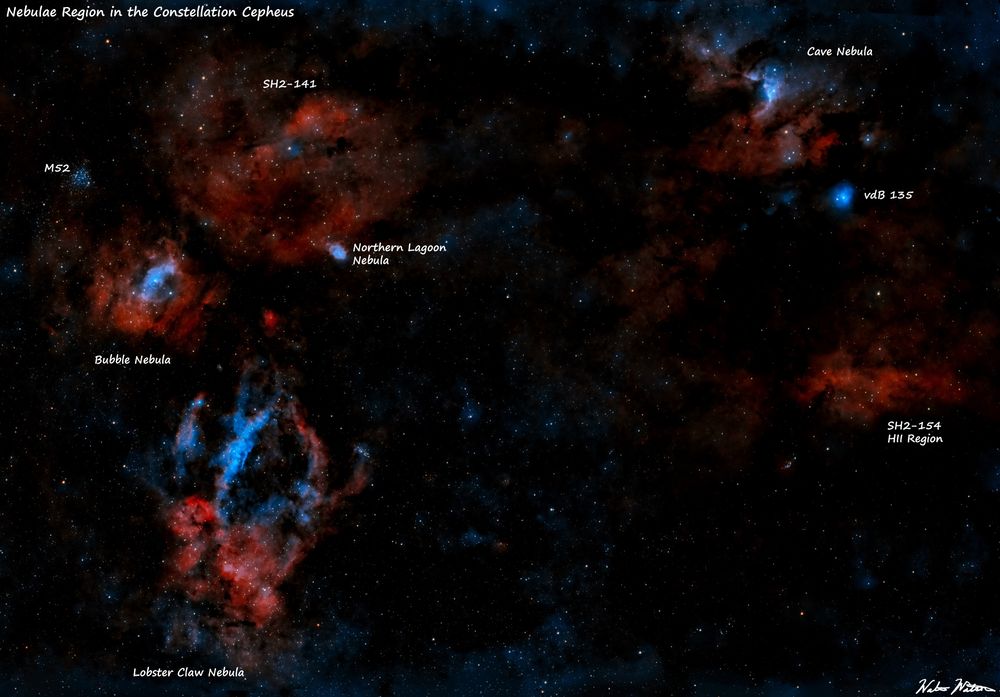 Nebulae Region in Cepheus. This is a wide field Ha/Oiii photo of a region rich in interesting objects. The Bubble, Lobster Claw , Northern Lagoon, and Cave nebulae. Other objects are the open star cluster M52, the reflection nebula vdB135, HII areas and Dark nebulae.


Equipment:
Telescope: SVBony SV555 Petzval astrograph
Camera: ZWO ASI2600 mc pro
Mount: ZWO AM3
Controller: Mini PC running NINA, Phd2, Stellarium
Filters: ASKAR Colormagic C1 duo band Ha/Oiii
Processed in SIRIL, Graxpert, and Affintiy Photo 2.