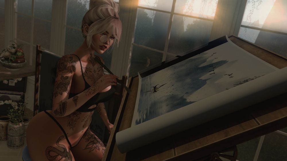 A woman with light hair pulled into a large bun sits on a stool, painting a serene vision of a man charting unknown waters. Her figure is adorned with tattoo's while gold framed glasses rest upon her nose. The woman is basking in the morning light of her seaside home, drawing inspiration from inner peace and enjoying the pleasures of creative expression. 