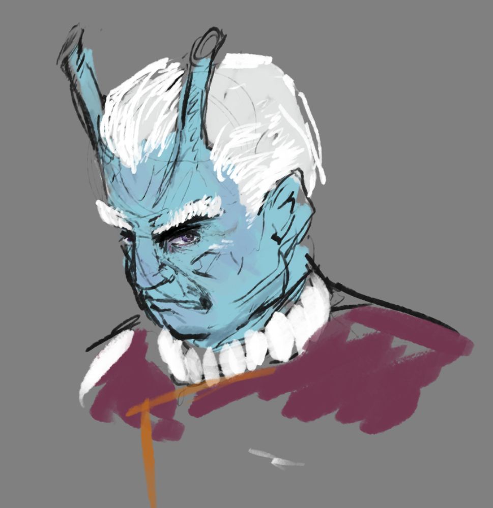 A sketched portrait of Vice-Admiral Tvarishan Ch'dar, an Andorian who served two decades, from 2280 to 2300, as the longest-running superintendent of Starfleet Academy. He is seen wearing the maroon uniform of Starfleet of that particular era.