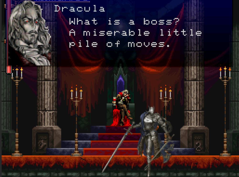 Opening screenshot from Castlevania: Symphony of the Night, with Dracula saying "What is a boss? A miserable little pile of moves" to Rennala, who is standing in place of Richter.