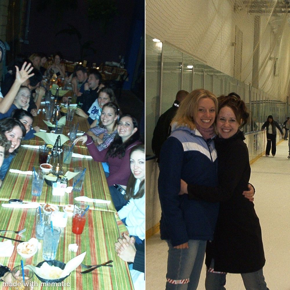 A split screen photo. On the left a table full of college students at a restaurant with various cups and glasses on the table. At the head of the table is Cooper streaming. On the right Cooper streaming and a blonde friend hug while standing in an ice skating ring