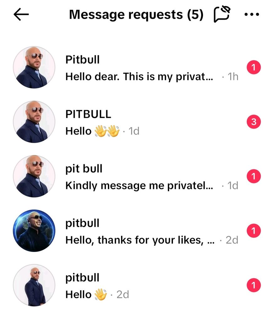 Screenshot of message requests from TikTok showing five different accounts all claiming to be Pitbull all sending messages to Cooper streaming. All of the accounts are bots or scammers.