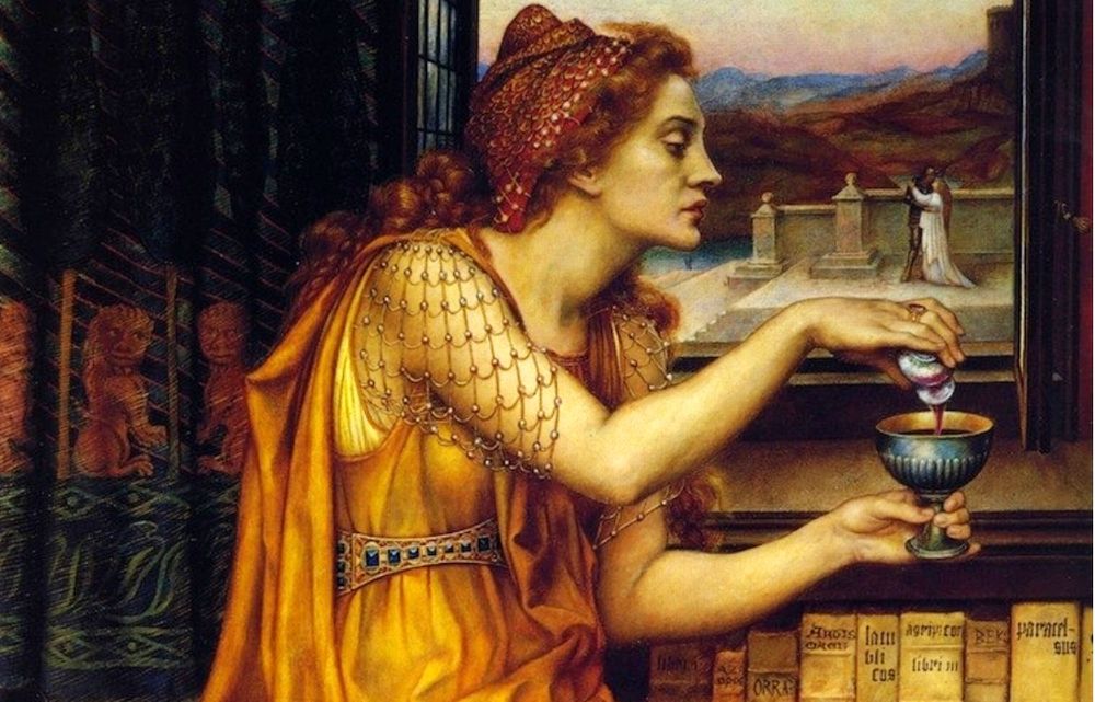 A painting of Guilia Tofana, pouring an unidentified liquid that appears implied to be poison into a chalice