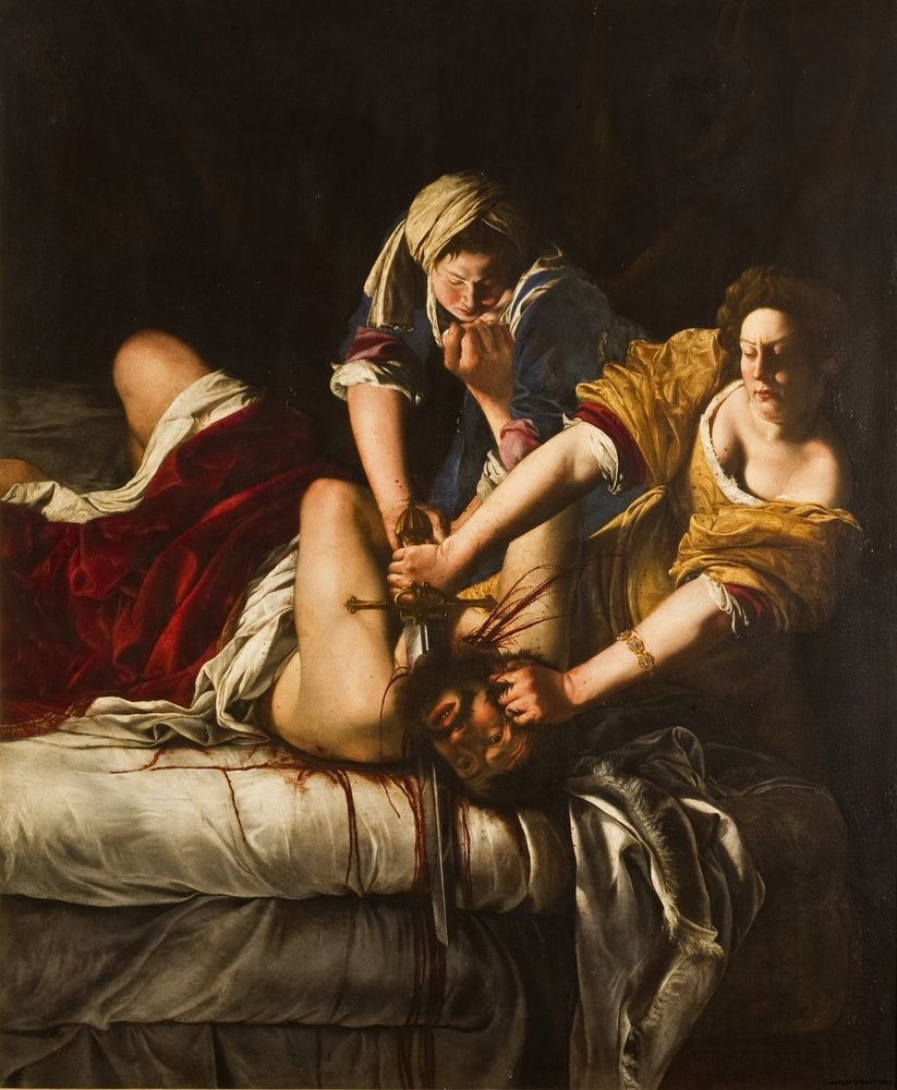 The painting titled Judith Beheading Holofernes by Artemisia Gentileschi. The painting portrays the moment that Judith beheads Holofernes, mid act of sawing his head off with a sword.  Judith grasps his hair as he lies face up on his bed and cuts the sword across to behead him while blood spurts out of his neck. Another woman helps hold him down as he attempts to resist.
