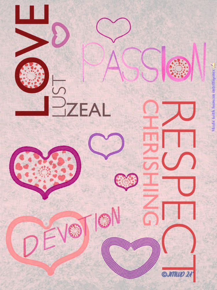 A light pink to dark pink colored collage with the words love, respect, devotion, passion