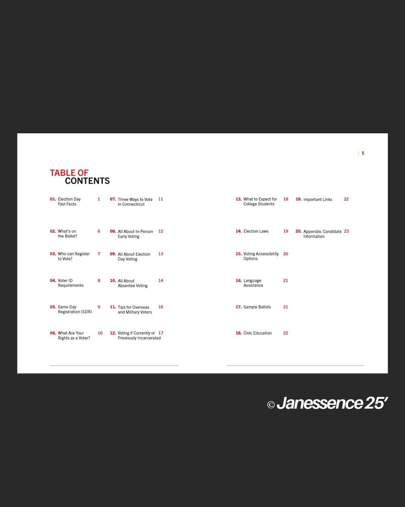 An image of table of contents listing topics on voting, rights, and electoral information. The text is in black on a white background, labeled "Janessence 25’".