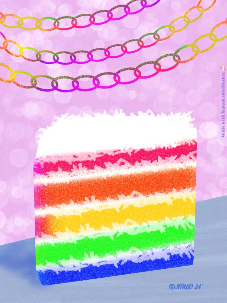 A rainbow colored cake with pink in the background.
