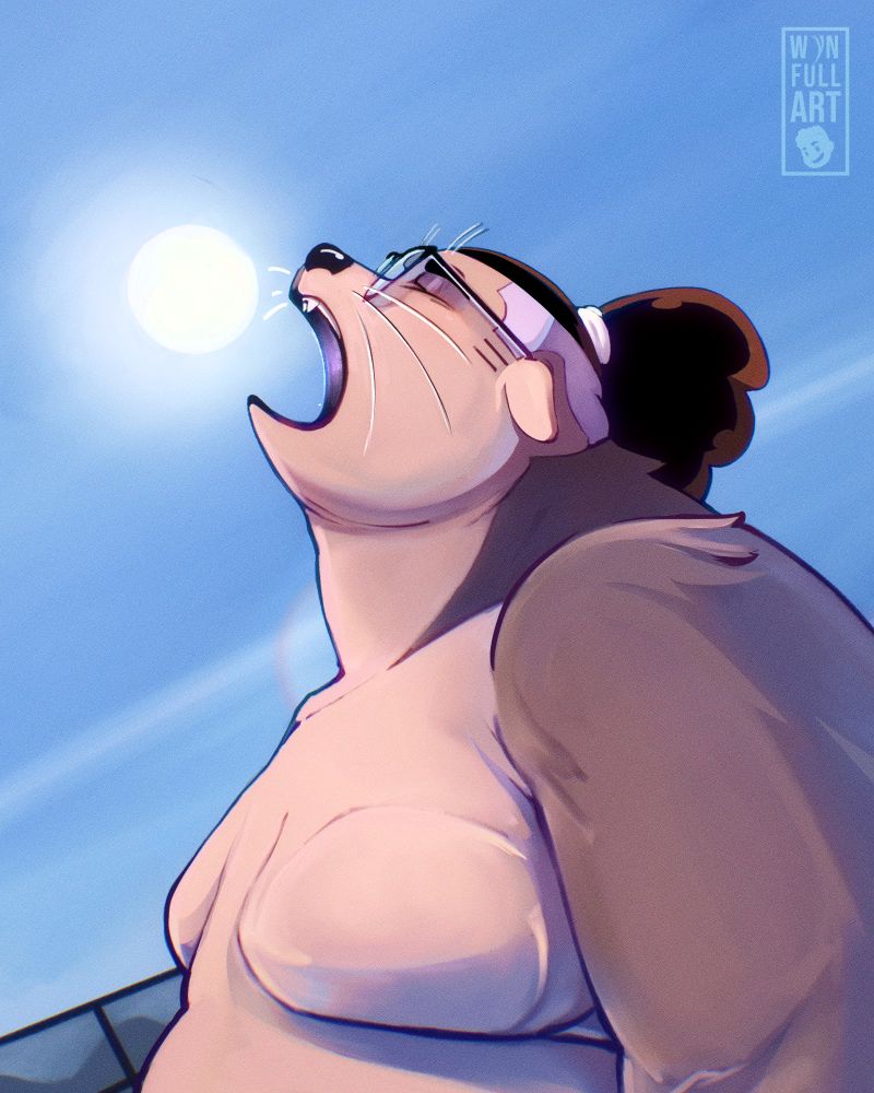 Wyn (a steller sea lion; he/him) is poised, neck craned up to the sky, mouth agape. The perspective makes it look like he’s about to eat the sun.