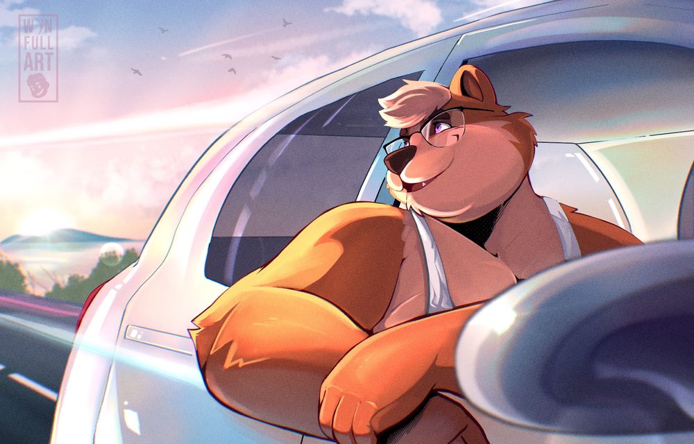 Commission work for @safeforbeau.bsky.social. The illustration features Beau, a charming large beaver (he/him), leaning out of a car window. One of his arms is extended out the side of the car, while the other rests gently over his right hand. Beau gazes up at the sky with a joyful expression, his mouth slightly open in delight. In the background, a glimpse of the road is visible, and beyond it lies a body of water, where the sun is setting over a distant land. The sky displays a beautiful blend of blues, pinks, and yellows.
