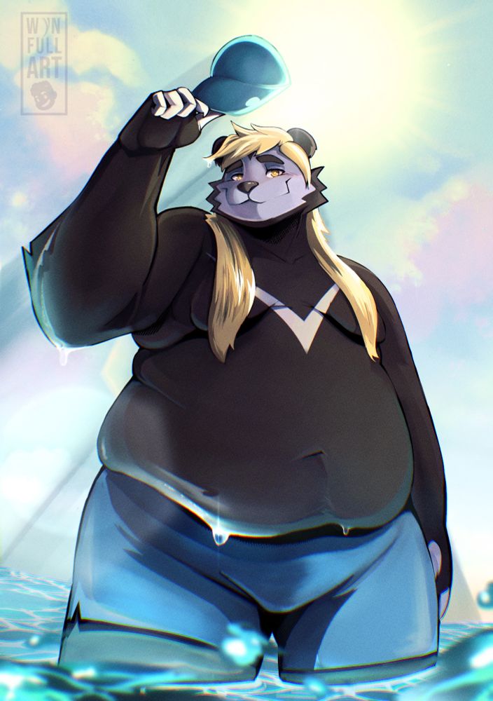 Commissioned work for @keylimewhy.bsky.social. This piece features Drumstick, a big boi sloth bear (He/Him), standing thigh-high in water. He is holding his blue hat above his head with one paw and looking at the audience with a big, warm smile. Drumstick is shirtless and wearing only blue swim shorts, with drops of water falling from his large belly, raised arm, and lush blonde hair, which flows across his chest. The sun hangs high behind him, with rays peeking through his form.
