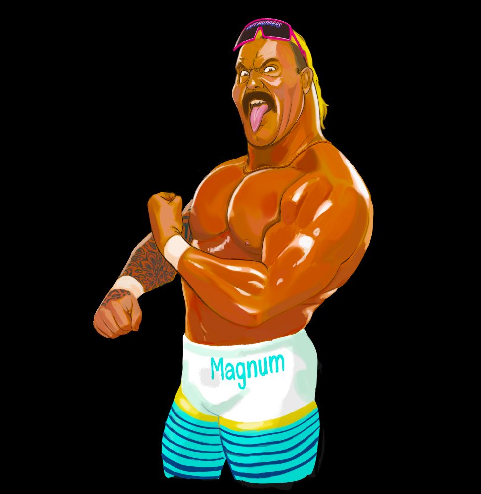 a drawing of Truth Magnum, one half of the AEW tag team The Outrunners, looking at the camera and sticking his tongue out while he flexes. His pants are a pack of Newports. The colors are much more vibrant than the last version I posted.