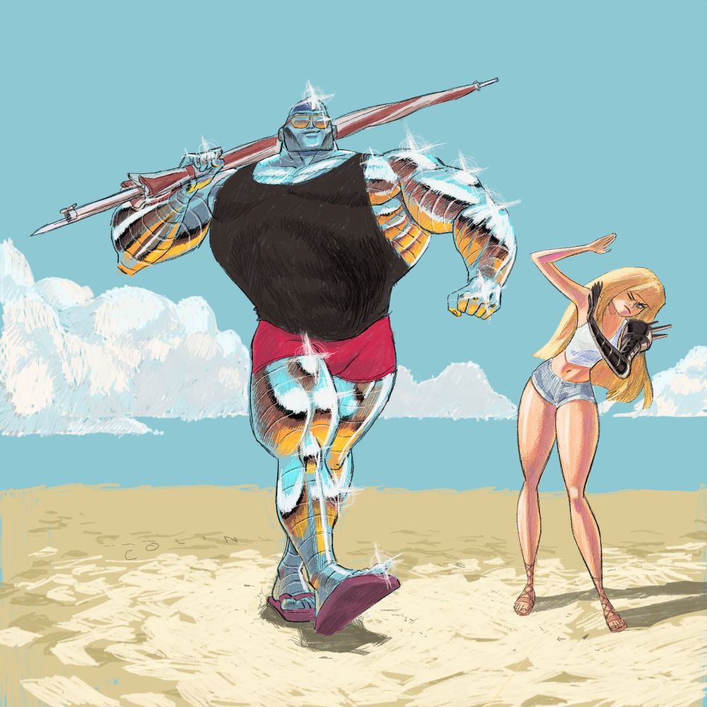 Colossus and Magik walking on the beach. She’s blinded by the sun reflecting off his metal skin as he struts. 