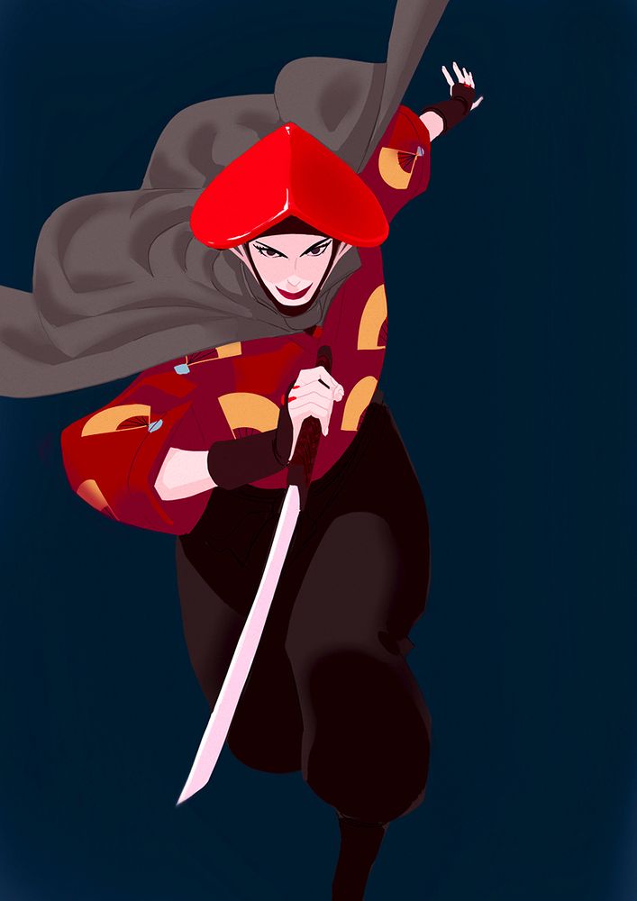 A drawing of Lady Eboshi charging toward camera with a short sword and a smile 