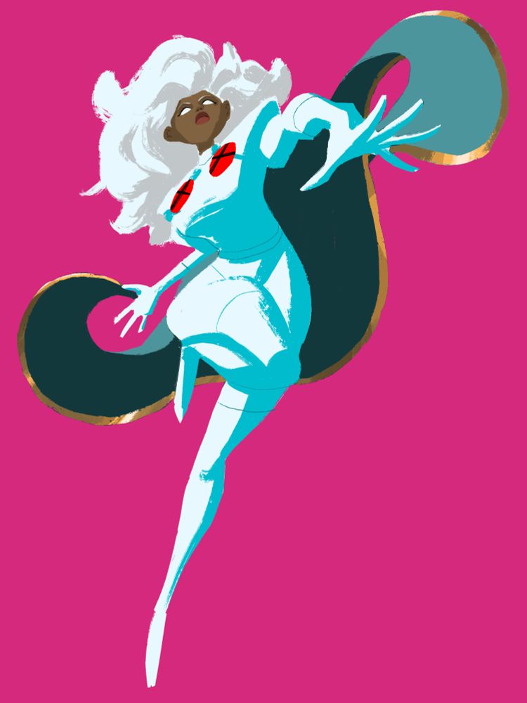 A drawing of Storm from X-men in a white costume reaching out to manipulate some weather