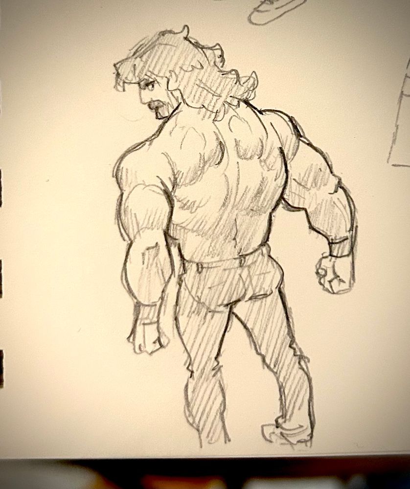 Pencil sketch of Hangman Adam Page. He’s facing away from camera so you can see a lot of vague back muscles, and he looks menacingly at the camera over his left shoulder. 