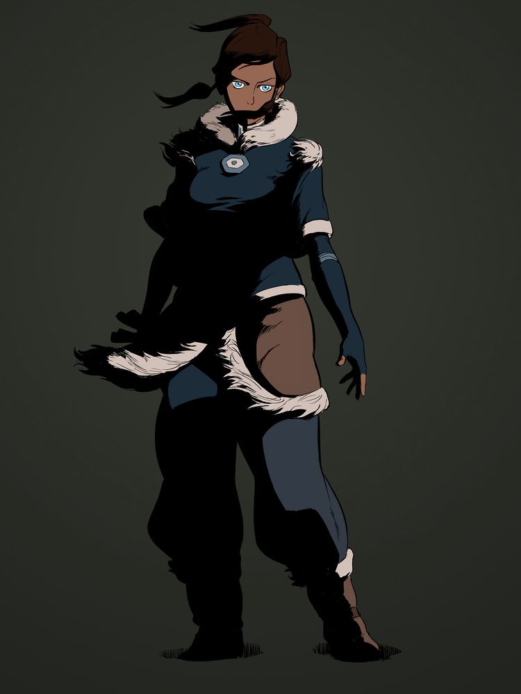 A drawing of Korra from Legend of Korra standing and looking at the viewer. Wind is blowing from the right and she’s half in shadow. The vibe is moody