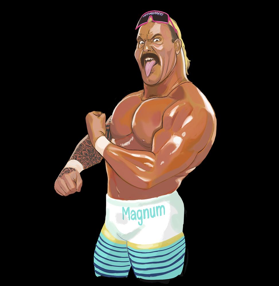 A drawing of Truth Magnum of The Outrunners staring at the camera as he flexes his bicep and sticks his tongue out. He's wearing pants that look exactly like a pack of Newport cigarettes. He's the youngest man alive.