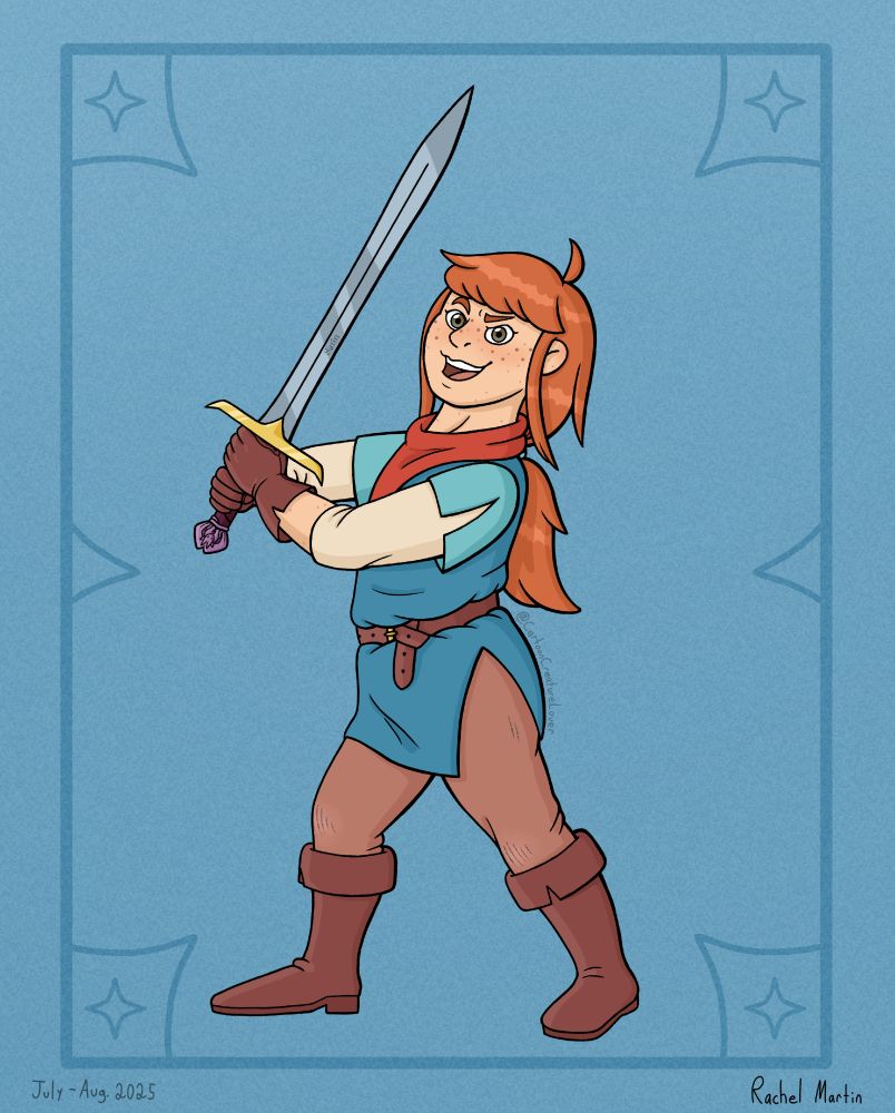 A digital, fullbody, illustration of a stockier interpretation of Callie from the Sir Callie book series by Esme Symes-Smith, based on the book cover’s design for the character.

Callie is a 12 year old kid with orange-ginger hair that’s styled with bangs & pulled back into a low ponytail. They have warm, beige, freckled skin, hazel eyes, & is wearing a red bandana around their neck, a turquoise-blue medieval tunic with a creme-colored undershirt, reddish-brown pants with roughed up knees, & dark, red-brown, leather gloves, boots, & knot belt.

They stand determinedly, smiling, wielding Satin, their sword. Satin has been interpreted as a leaf-bladed sword with a gem-like, diamond-shaped, dragon pommel & the sword’s name visibly engraved into the blade; otherwise, Satin closely resembles the book cover’s design. 

Callie stands against a sky blue background, framed by a darker sky blue rectangle, which is decorated with four-pointed stars, taken from the Sir Callie logo, at each corner, & triangular pointed shapes; the frame coincidentally resembles a fantasy spellbook.