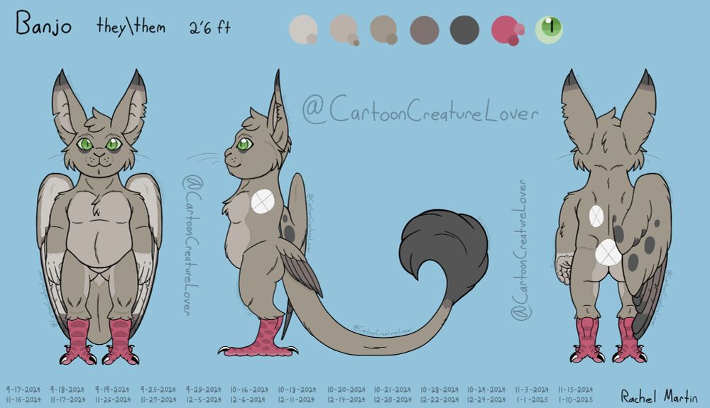 A digital reference sheet of Banjo, an anthropomorphic cat-bird beast, on a light blue background.

On the upper left, the handwritten text reads, “Banjo, they/them, two foot six.” Along the top of the image are multiple circles featuring the colors used to color Banjo.

From our left to right, the first drawing is of Banjo’s front profile, they’re standing with their arms at their sides, looking towards the viewer with a closed mouth smile on their face. The second drawing is of Banjo’s side profile, specifically their left profile, looking straight ahead from where they’re standing with a closed mouth smile on their face; they’re missing their arm only for the purpose of showing their sides without obstruction; a white oval with a soft pencil “X” is shown where the base of their arm should be. The third drawing is of Banjo’s back profile, they’re standing with their arms at their sides just like their front profile; their left wing & tail are missing for showing half of their backside without obstruction; white ovals with a soft pencil “X’s” are shown where the base of their wing & tail should be.
