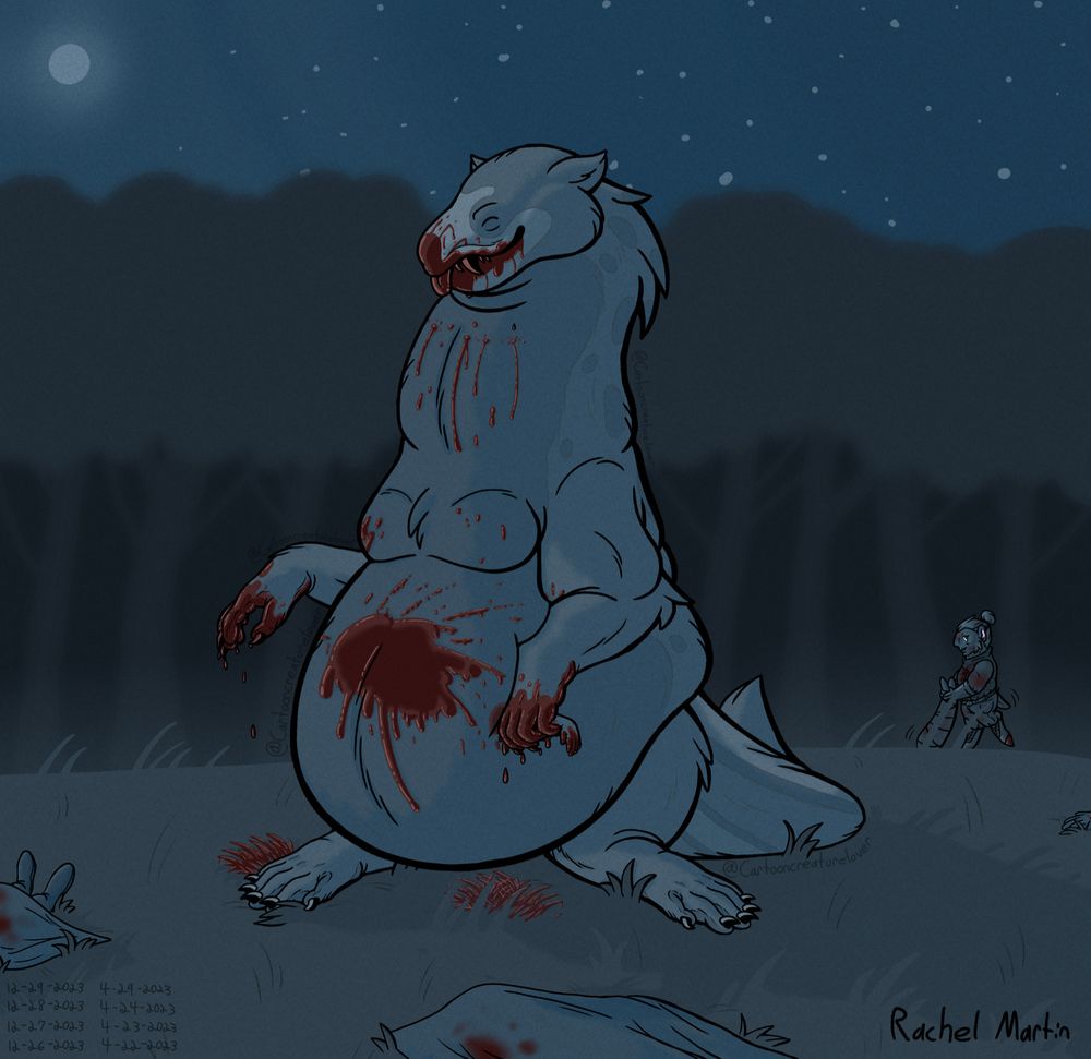 A digital illustration of Tombstone, a fat harbor seal & weasel-like monster, sitting upright in front of a forest on a clear moonlit night, covered in blood & surrounded by dead bodies mostly covered by sheets. In Tombstone’s left hand-paw, a small, severed, human arm can be seen in their grasp. A full moon can be seen in the upper left corner of the image, the rest of the sky is filled with little white stars that are more visible the farther away from the moon they are. A faint, low to the ground fog can be seen with the grass behind Tombstone. And behind that, on the right side of the image, is their dullatroll companion, Graves, dressed in black & dragging a wrapped up body with a little smile on his face; his inner ears & eyes are glowing in the dark.