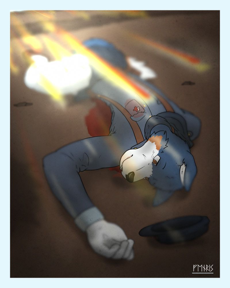 Drawing of frencore's character in uniform, lying on the ground with a wound on his chest.