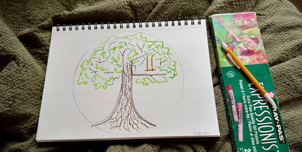 A drawing of a tree inside of a circle using oil pastels. The leaves are bright green. On the right in a high branch, there is a swing.