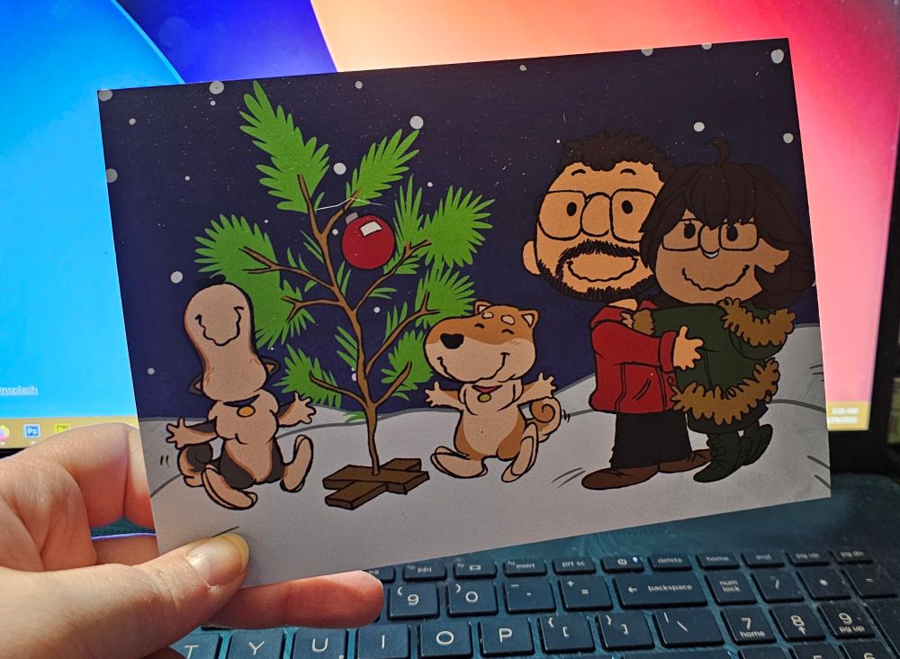 Postcard print from framerate merch showing Ray, Tina, Charlie and Riley drawn as Peanuts styled characters with the classic Charlie Brown Christmas tree 💖