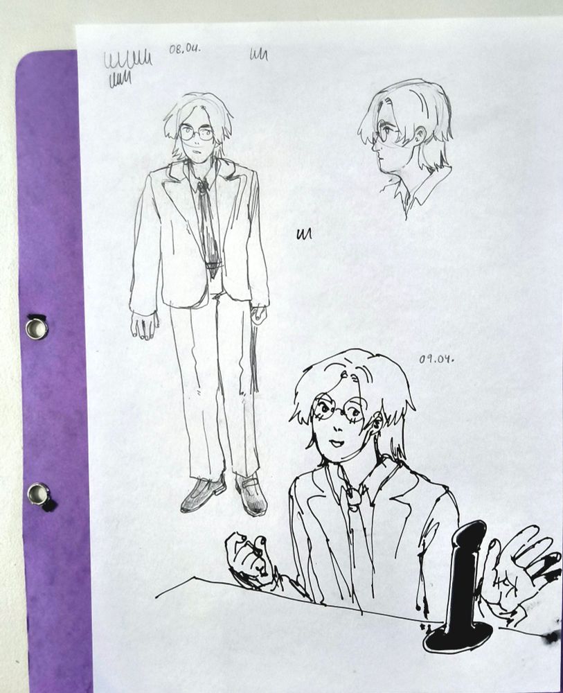 single sheet of paper showing three drawings of the same character, one full body drawing in a suit, a sketch in profile, and on the bottom, in ink, a drawing of them sitting at a desk gesticulating towards a dildo-shaped sculpture, almost grasping it.