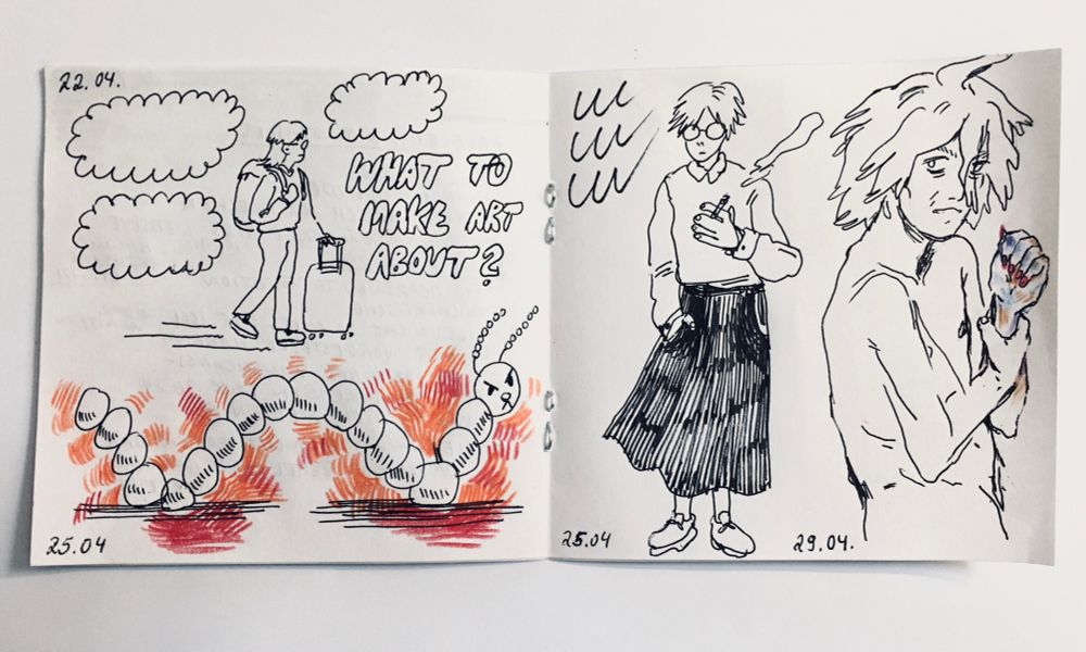 minizine sketchbook page showing different sketches:
- person travelling with suitcase, text next to it reads „what to make art about?“
- angry looking worm whose body consists of circles
- person in skirt smoking cigarette
- dishevelled nagito komaeda holding his left transplanted hand that has long red fingernails