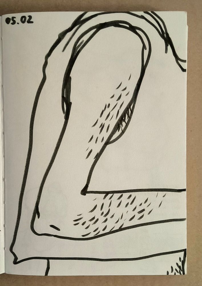 sketchbook drawing of a man's arm and torso. the figure is wearing a loose crop top. the focus of the drawing is the visible elbow bones of the skinny arm and the arm hair on the arm.