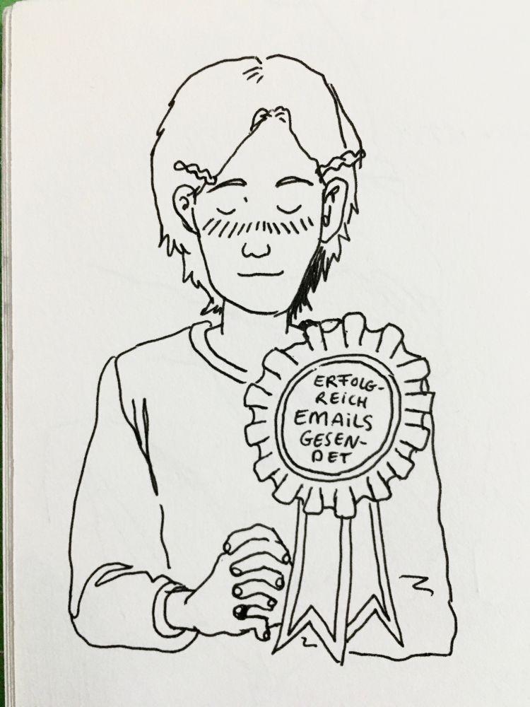 drawing of character with a big prize ribbon looking self-satisfied. prize ribbon reads (german): „erfolgreich emails gesendet“ („successfully sent emails“)