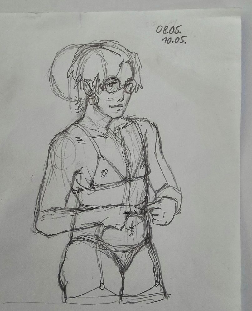 figure with mullet haircut in lingerie (bra, string, suspender for stockings) smirking and doing a 👉👈 pose