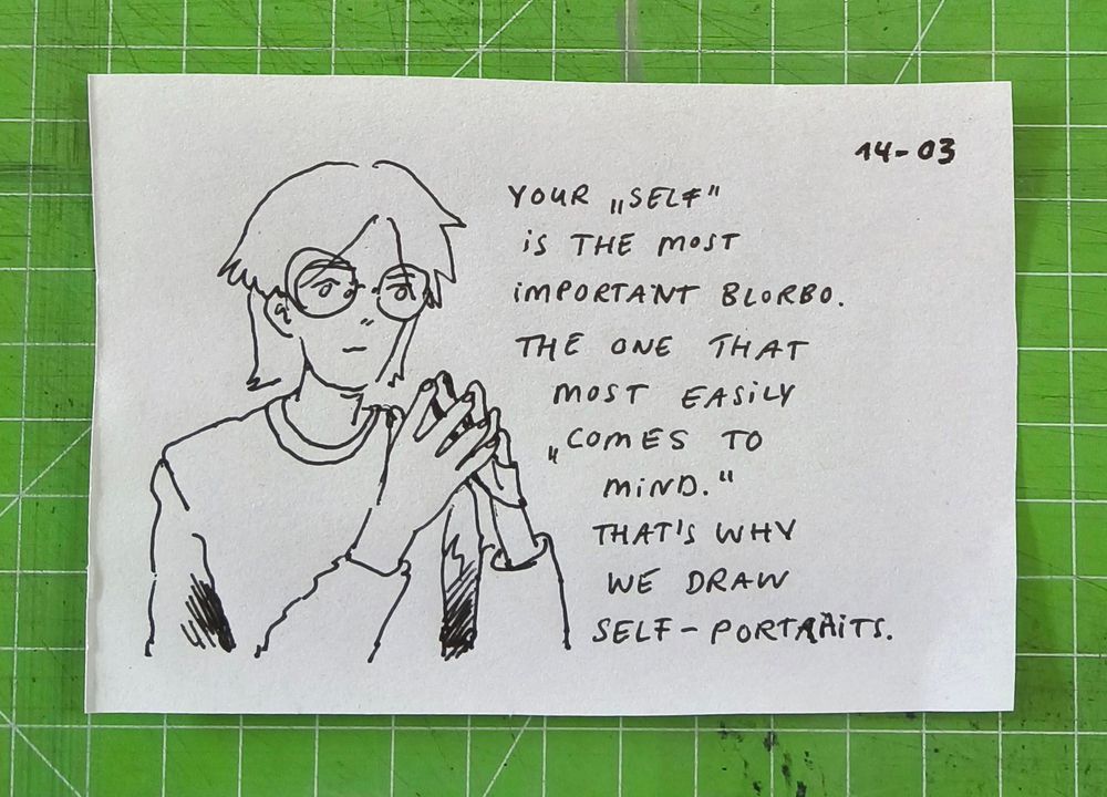 drawing of character with mullet steepling their fingers with neutral expression. text reads: "your 'self' is the most important blorbo. the one that most easily 'comes to mind'. that's why we draw self-portraits."