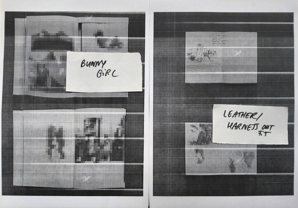 two printed pages showing blurry photos of books, on top of the books lie two paper notes. one note reads "bunny girl", the other "leather/ harness outfit".