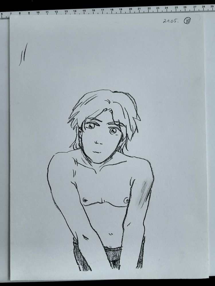 chacoal line drawing of person in a cartoony style leaning towards and looking directly at the viewer. the character is wearing no shirt and boxer style underwear.