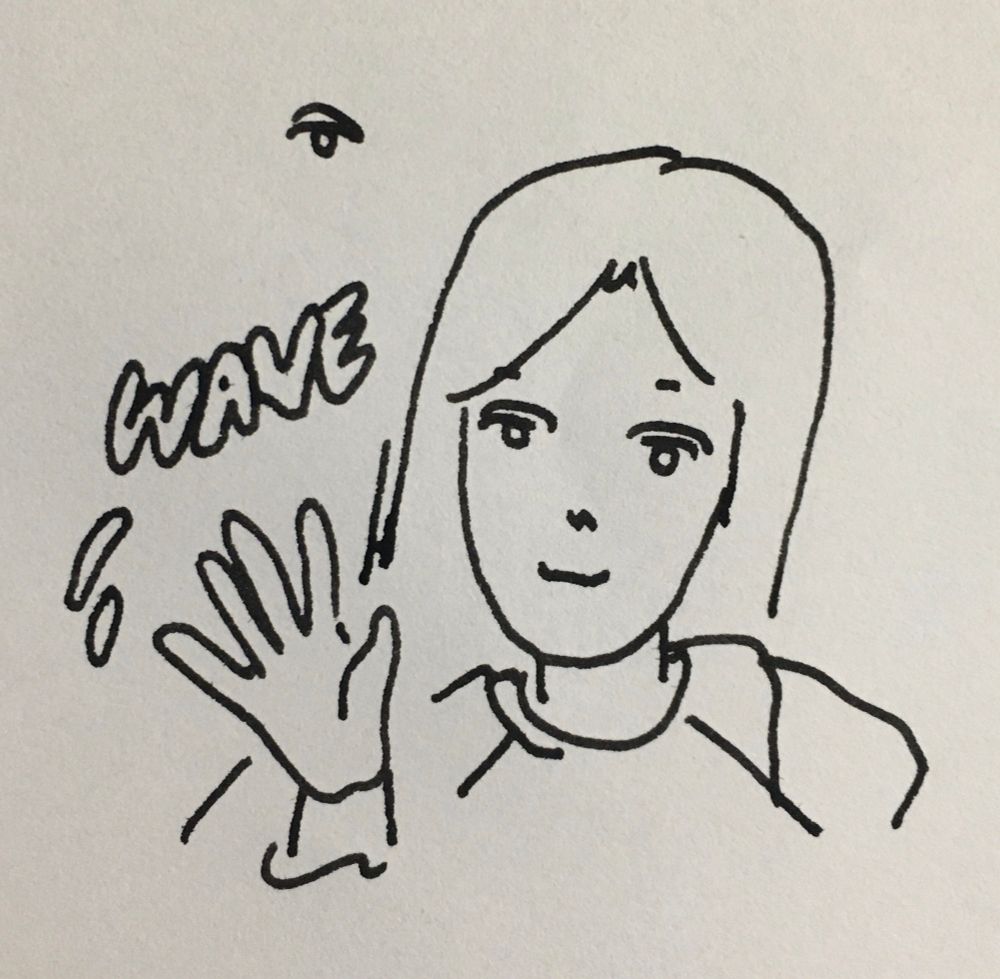 cartoony character with long hair waving at the viewer. beside the waving hand „WAVE“ in cartoony script. above „WAVE“ a single drawing of an eye unconnected to the rest of the drawing.