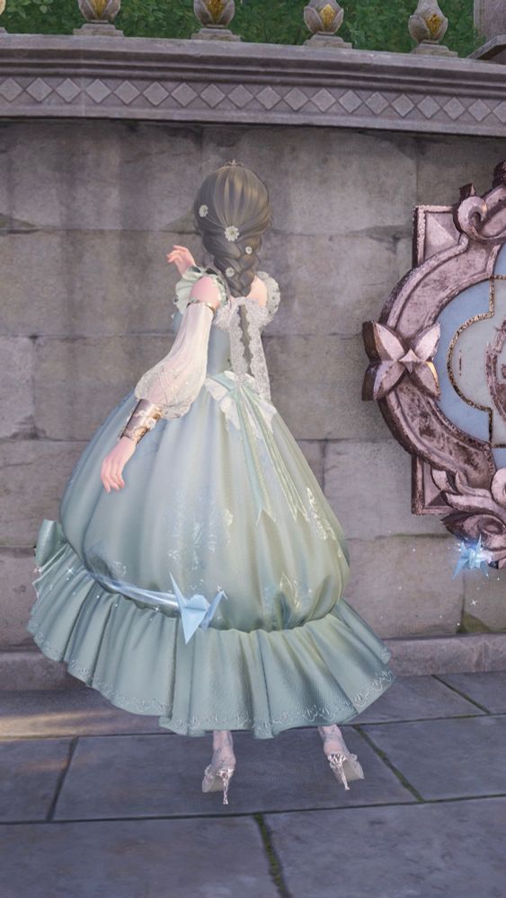 Nikki posing in the same dress again, back facing the camera showing off her hair in a braid with a lace bow