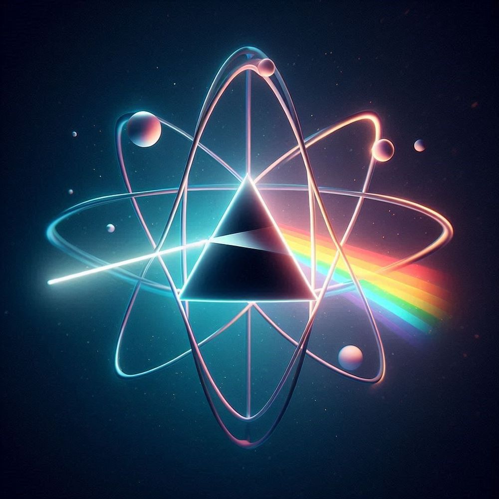 Stylized atom with a prism as the nucleus through which a beam of light is refracting.