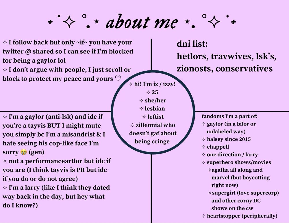 About Me: 
Hi, I’m iz / izzy! I’m 25, a leftist, a lesbian, and use she/her pronouns. Also I’m a zillennial who doesn’t gaf about being cringe lol! 
I follow back IF you have your twitter user shared so that I can see if I’m blocked for being a gaylor. 
I don’t argue with people, I just scroll or block to protect my peace and yours. 

This is my “do not interact” list: hetlors, travwives, late stage kaylors, zionosts, and conservatives. 

I’m a gaylor (anti-lsk) and I don’t care if you’re a tayvis BUT I might mute you simply because I’m a misandrist, and I hate seeing his cop-like face I’m sorry 😭 (genuine). 
I’m not a performanceartlor but I don’t care if you are (I think tayvis is PR but I don’t care if you do or don’t agree). 
I’m a larry (like I think they dated way back in the day, but hey what do I know?) 

These are the fandoms I’m a part of: 
gaylor (in a bilor way); halsey since 2015; chappell; one direction / larry; superhero shows/movies: agatha all along and marvel (but boycotting marvel right now); supergirl (I love supercorp) and other corny cw DC shows; and heartstopper (peripherally). 