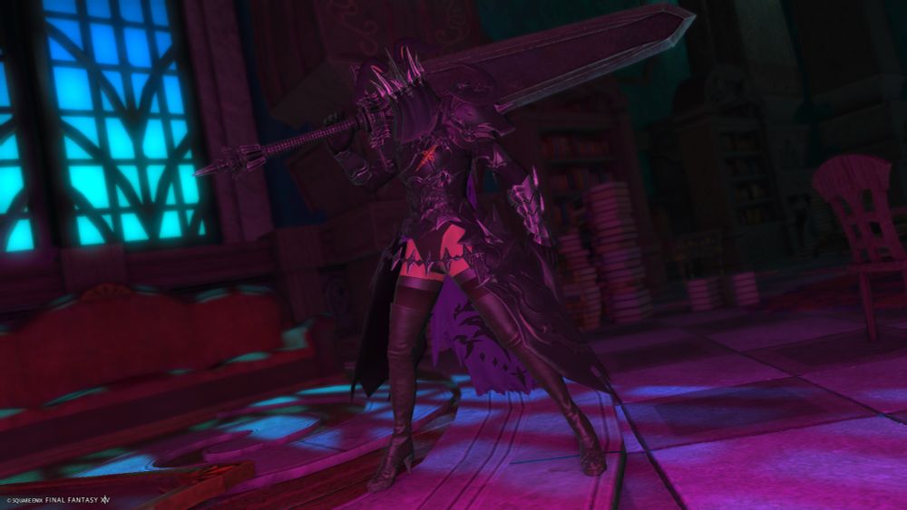 Male Viera using a Dark Knight ability in a dark lit mansion room in Final Fantasy 14.