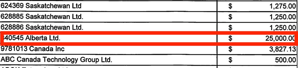 Section of Annual fiscal returns including donations and contributions for 2024 for the Sask Party showing a $25,000 donation from 840545 Alberta Ltd. 