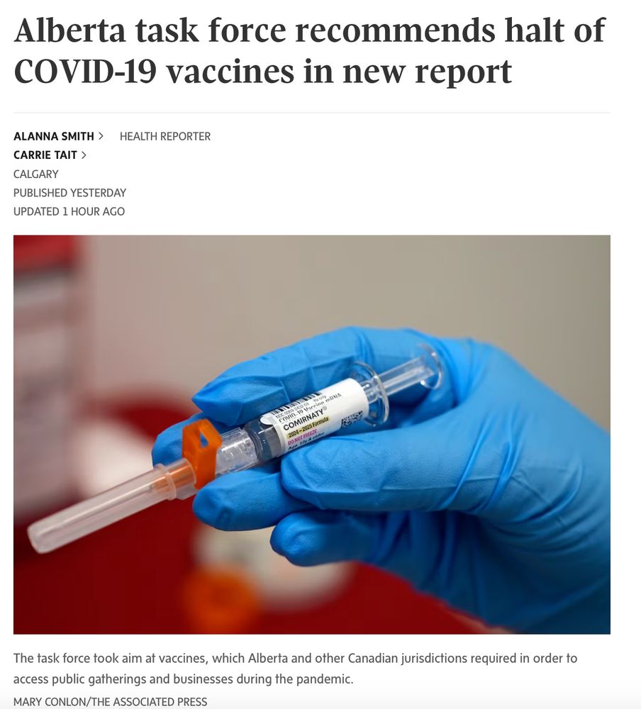 Screenshot of a globe and mail article that reads: "Alberta task force recommends halt of COVID-19 vaccines in new report."