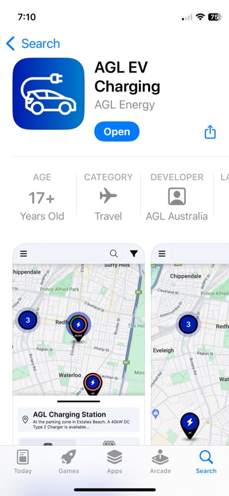 A screenshot of the Apple App Store page for the AGL EV Charging App