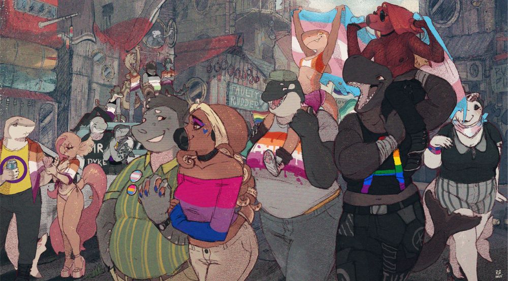 A drawing of my aquatic anthro characters during a pride parade, in the background are apartment complexes made out of recycled boat materials. 