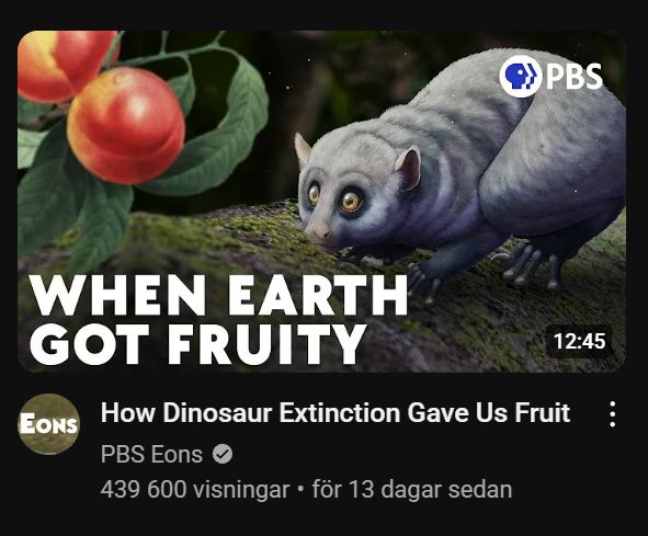 screenshot of a PBS Eons video, on the thumbnail it says "when earth got fruity" and the title of the video is "How dinosaur extinction gave us fruit"