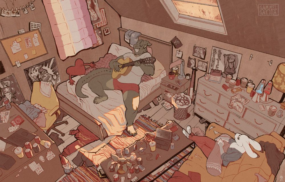Drawing of Cerise, an anthro dragoness in a white t-shirt and boxers, she is playing a guitar while lying on her bed and Fleur, a white rabbit in casual wear sitting in a sofa on the other side of the room. The room is disorganized with multiple empty cans and clothes strewn everywhere, there's multiple posters and an unironed lesbian flag hanging on the walls. 