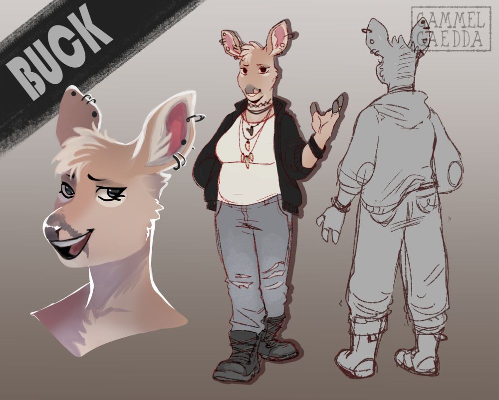 A reference sheet drawing of a furry doe fan character named Buck, the art style is meant to slightly resemble the one used in The Bad guys