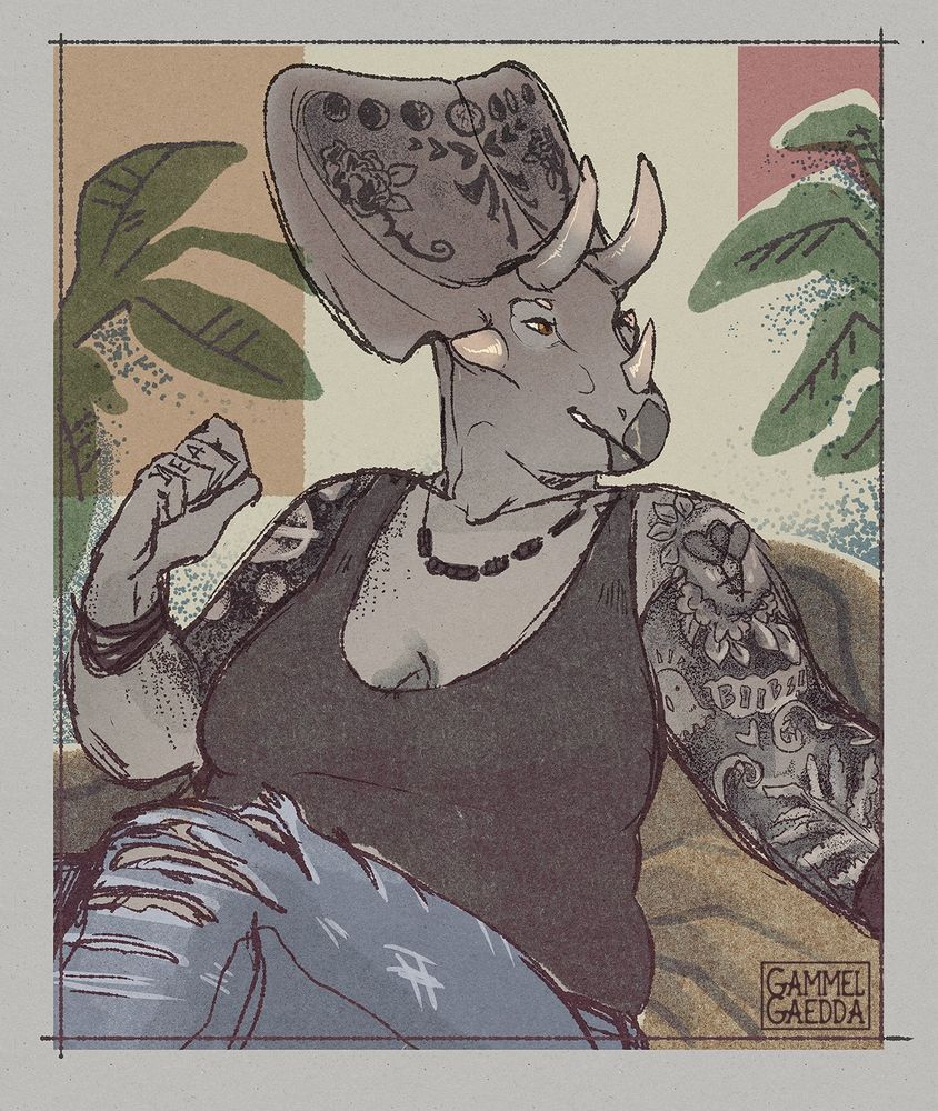 Doodle of a anthropomorphic ceratopsian dinosaur, she's got tattoos on both sleeves and on her bony frill. she is sitting on a bean bag with silhouettes of foliage in the background. 